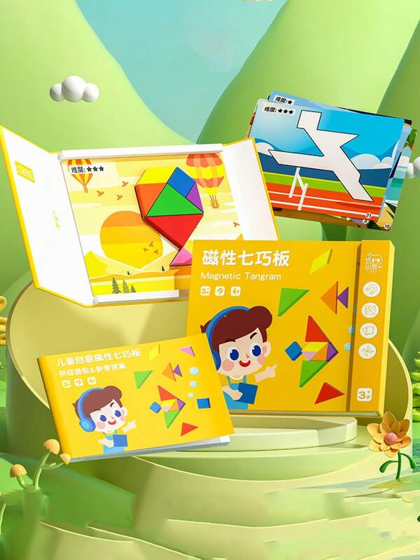 Rompecabezas magnético de inteligencia de tangram para niños, ayuda didáctica de matemáticas de primer grado para estudiantes de primaria, escena especial con forma de huevo de jardín de infantes, rompecabezas magnético en T de Tangram, puzzle de cuatro tangramas, bloques de construcción de madera para pensar, regalo de cumpleaños para fiestas infantiles