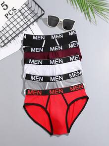 FINETOO 5 件男士基本款内裤，字母腰带撞色装饰休闲低腰男士三角裤 - 彩色 - 查看 5