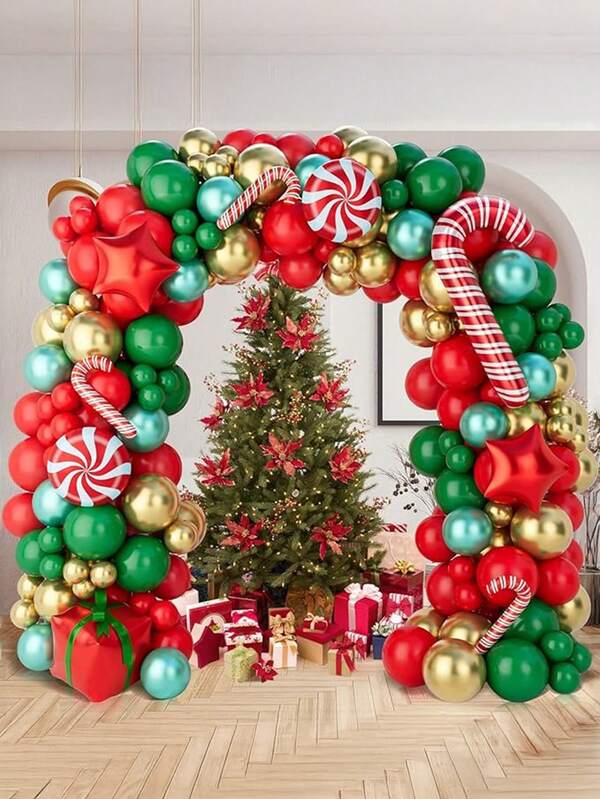1 Set de Kit de Arco de Guirnalda de Globos Navideños, y Globos Dorados, Globos de Caramelo, Globos de Caja de Regalo para Decoración de Fiesta de Navidad