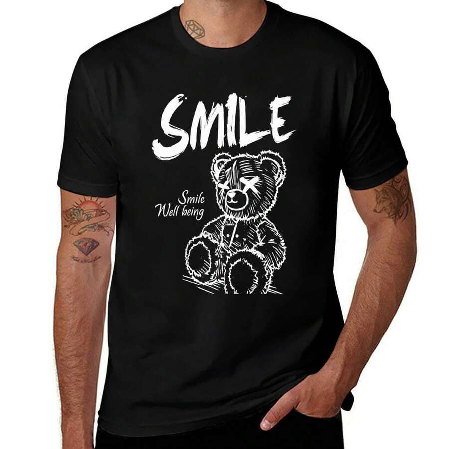 1PCS Smile Teddy Bear Pattern Short Sleeve,Casual Daily Wear, Street Fashion TShirt, Perfect Thanksgiving Gift,Christmas Gift, Ideal Birthday Choice, Hot Trending Now 147 - Black - View 1