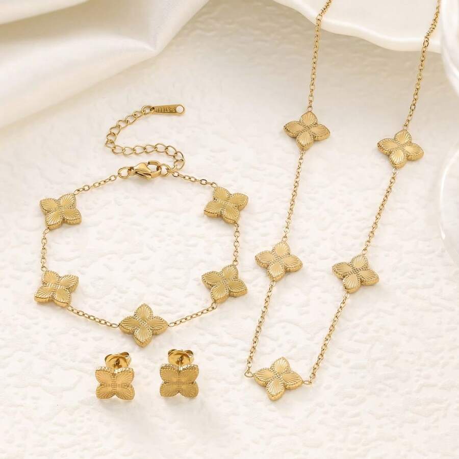 1 Set Luxury Rhinestone Inlaid 18K Gold Plated Clover Bracelet, Necklace, Earrings Jewelry Set, Suitable For Women's Daily Wear - Gold - View 1