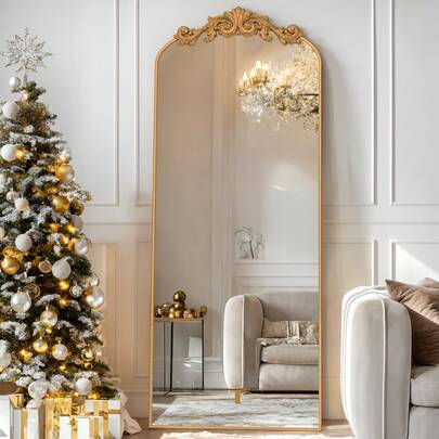 Furnbar Arched Full Length Mirror, 65"X24" Floor Mirror With Carved, Full Body Mirrors For HomeDecor, Standing/Halling Large Wall Mirror For Bedroom, Living Room, Cloakroom, Bronze, Retro Style