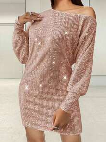 Women's Off One Shoulder Sequined Dress Slim Fit Stylish Sparkly Long Sleeve Mini Bodycon Dress - 粉色 - 查看 7