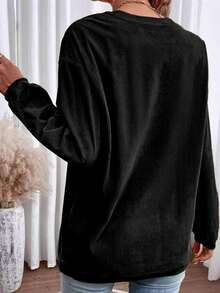 秋冬季女士加大码黑色罗纹运动衫：舒适圆领，加大码落肩设计，柔软温暖的材质，轻松打造休闲造型的理想之选