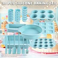 30-Piece Ultimate Baking Set - Includes 18 Mini Muffin Cups, 12-Cavity Muffin Pan & 9-Cavity Madeleine Mold+ 6 Kitchen Tools,6-Cavity Jelly Pudding Plate, Square Cake Mold, Round Cake Mold, Toast Bread Mold, Silicone Pancake Plate | Non-Stick Cake, Jelly & Pancake Molds | Complete Kit For Home Bakers
