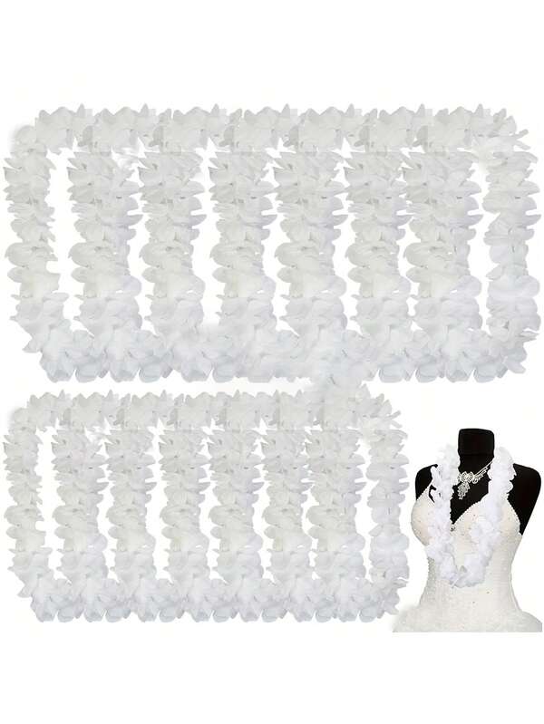 1/6/10/20/30/40/50pcs Hawaii Garland Necklace,White Polyester Flower Garlands,Tropical Hawaii Flower Theme Party Favors Headbands Holiday Wedding Beach Birthday Decorations Party Supplies Hawaiian Party Decorations Wreaths
