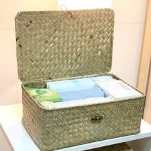 Natural Woven Storage Box With Lid, Handmade Textured, Rustic, Includes Wooden Cover For Dust Protection And Privacy, Large Capacity For Storing Underwear, Stationery, Suitable For Bedroom, Living Room, Creates A Pastoral Ambiance. Natural Material, And Durable, Keeps Desktops/Closets Tidy, Practical And Decorative Storage Solution