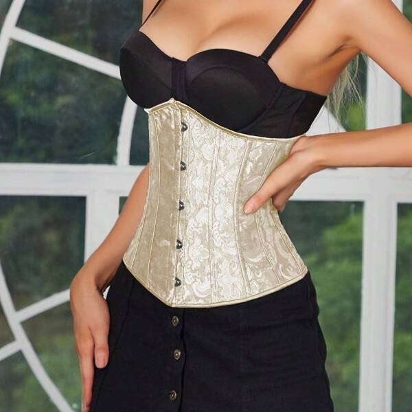 1pc Women's Jacquard Corset With Lace-Up Detail And Front Closure, Suitable For Halloween Party