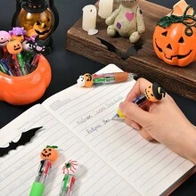 10pcs Retractable Cute Cartoon 4-Color Ballpoint Pens, Ergonomic Round Barrel, Medium Tip, PVC Material, Suitable For School, Office, Daily Use, Halloween, Christmas Party Favors,For School Supplies,Back To School - Multicolor - View 8