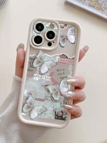1 pieza Funda de teléfono con diseño perforado y estampado de mariposa, resistente a los golpes y de color blanco lechoso, compatible con iPhone 11 Pro Max/12 Pro Max/13 Pro Max/14 Pro Max/15 Pro Max/16 Plus/16 Pro Max, 16E, Galaxy A55/A15/S24 Ultra, Redmi, OPPO/Realme, VIVO, Infinix, Honor, MOTO, One Plus