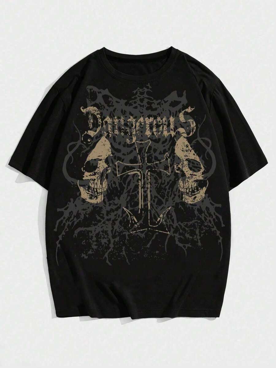 Men's Dark Skull And Cross Gothic T-Shirt 100% Cotton - 黑色 - 查看 1