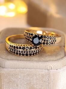 Vanel 1 Pair Luxury Cubic Zirconia Rings, 6-Prong Round Diamond Women Jewelry Gift For Date - Golden Yellow-black - View 3