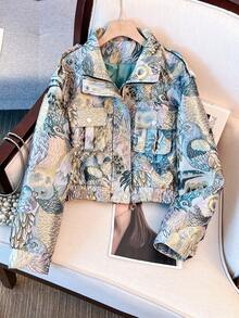 Vintage Embroidered Jacquard Motorcycle Jacket, Streetwear Vibe, Front Zipper Closure Pockets Spring - Blue - View 4