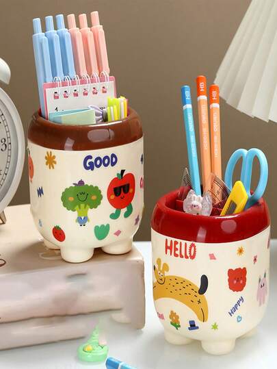1pc Cartoon Plastic Pen Holder, Creative High-Quality Cute Multi-Compartment Pen Box, Desktop Organizer For Girls & Students, Fun Desk Accessory, Bright Colorful Office Supplies, Practical Stationery Storage, Ideal Gift, Perfect For School, Home, And Dorm Decor
