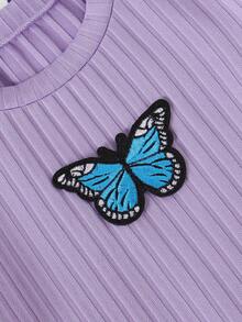 3pcs/Set Young Girls Butterfly Allover Print Solid Color Fitted Cute Long Sleeve Dress