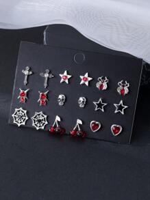 9 Paar Gothic Stil Spitzen Anhänger Set mit Kreuz, Herz, Stern, Spinne, Totenkopf Motiven, vielseitig einsetzbare Party Socken