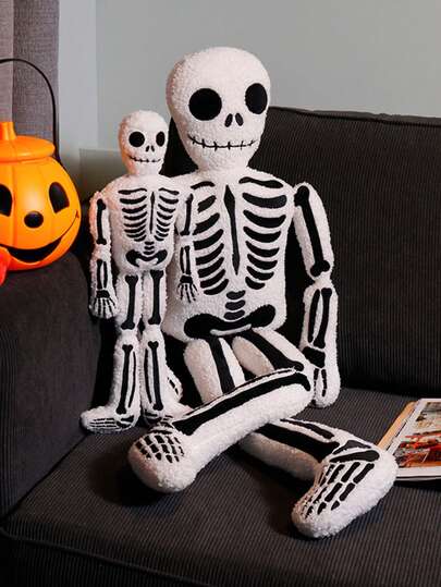 Funny Cute Skeleton Body Pillow, Soft Terry Cloth White Plush With Clear Black Bone Print, Full Movable Limbs Design, Dual Size Halloween Home Decor & Novelty Holiday Present