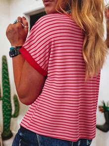 Acelitt Camiseta de punto de cuello redondo de manga corta y hombros descubiertos a rayas, talla grande, color rosa verano - Rosa - Ver 2