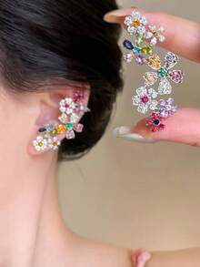 1 Pair Fashionable Party Colorful Floral Crystal Luxurious Unique Design Ear Cuff Earrings, Elegant & Exaggerated Design For Women - Color-silver - View 7