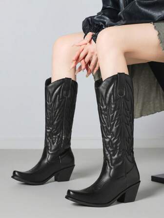 Solid Color Punk Style Faux Leather Embroidery Padded High-Knee Boots, Outdoor Wear For Autumn/Winter