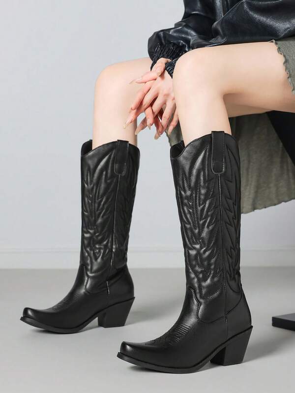 Solid Color Punk Style Faux Leather Embroidery Padded High-Knee Boots, Outdoor Wear For Autumn/Winter