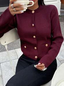 DEEKA Spring & Autumn New Casual Fashion Minimalist Gold Button Knitted Cardigan Sweater - Burgundy - View 6