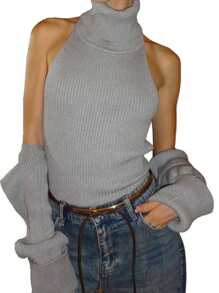 Turtleneck Sweater Tanks For Women Fashionable Knit Ribbed Backless Sleeveless Slim Fit Tops - 灰色 - 查看 7