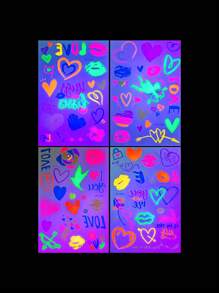 4 张霓虹灯临时纹身，唇心形荧光爱心纹身贴纸，防水临时纹身贴纸，适合情人节和音乐派对返校 - 彩色 - 查看 7