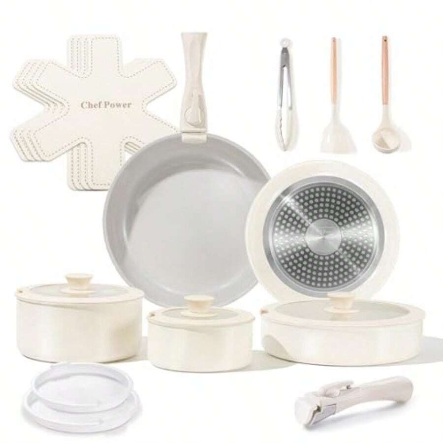 Ceramic Nonstick Pots And Pans Set 19 Piece With Detachable Handle ...