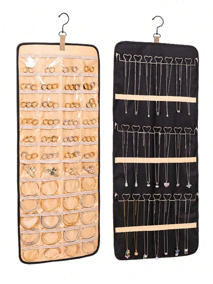 1pc Large Capacity Jewelry Storage Hanging Bag - Double-Sided Wall-Mounted Storage Cabinet, Makeup Bag, Jewelry Box, Jewelry Storage Bag, Travel Jewelry Organizer, Earring Necklace Ring Jewelry Bag, Jewelry Roll, Makeup Bag, Waterproof Travel Jewelry Bag, Portable Jewelry Organizer Rotating Hanging Jewelry Rack With Earring/Necklace/Ring Hooks | Dust-Proof Premium Storage Bag (Black, Great For Valentine's Day Gift) Highly Recommended Essential Home Jewelry Box Organizer