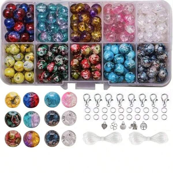 Ongeveer 200 stuks/pak Tie-Dye Crack Glass Beads Strand Kit voor DIY armbanden, kettingen, oorbellen, knutselwerkjes, willekeurige kleuren