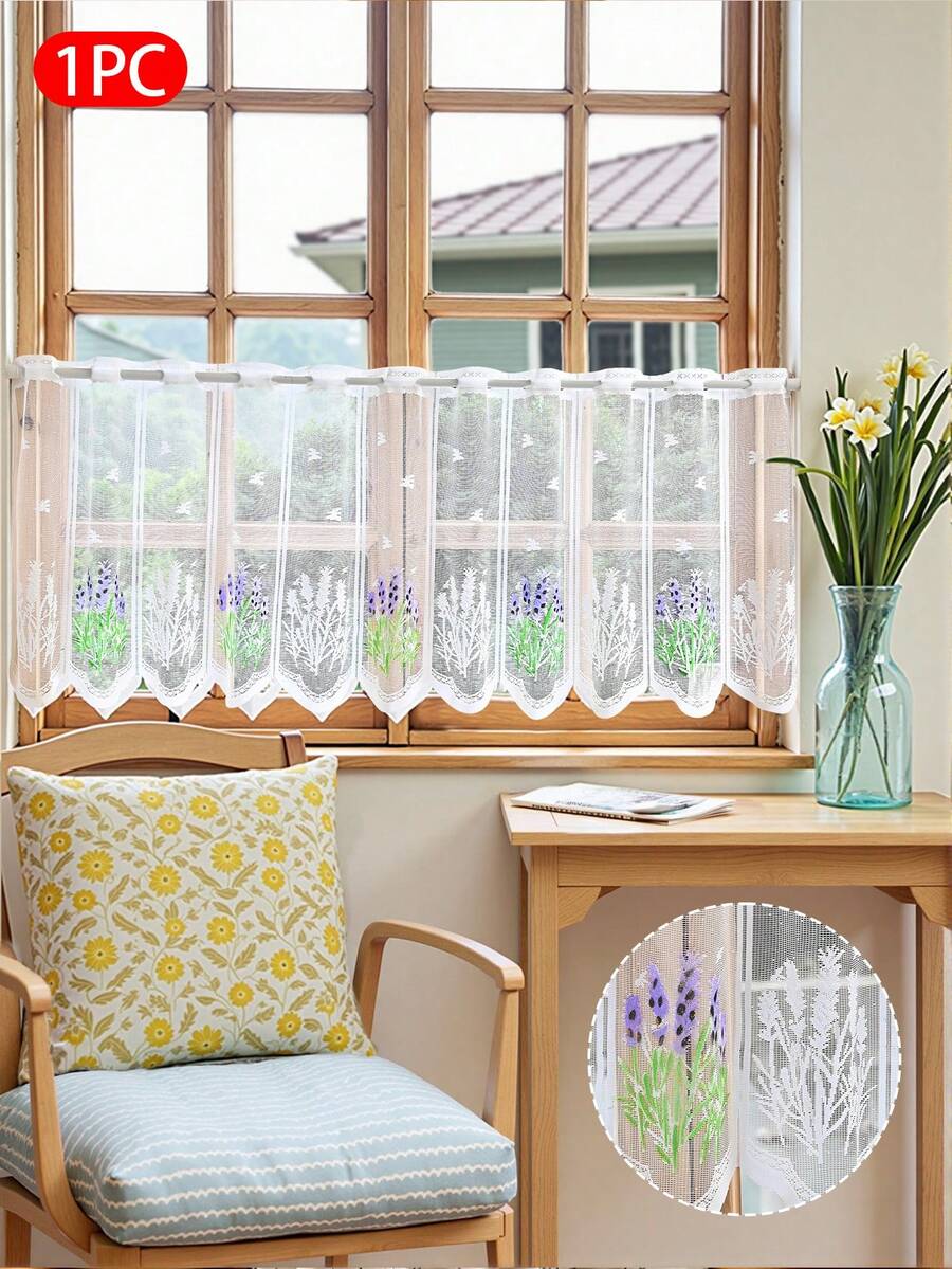 1pc Countryside Floral Lavender Sheer Curtain Panel - Semi-Transparent Polyester Voile, Suitable For Kitchen, Dining Room And Living Room Decor - Multicolor - View 1