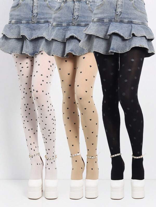 1pc Fashionable & Sweet Leg Shaper, Heart & Polka Dot Anti-Snag Pantyhose, Suitable For Daily Wear, Parties, Performances, Gift
