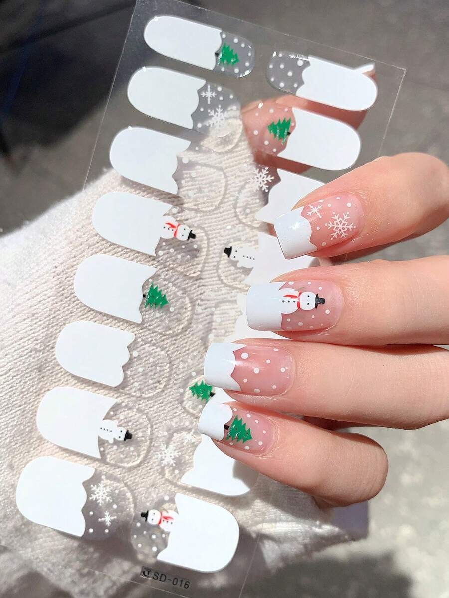 圣诞美甲贴纸，圣诞老人图案美甲贴纸，美甲贴纸，红绿配色，圣诞卡通主题美甲贴纸，圣诞树，雪人，雪花，煎饼人，闪亮雪花图案，女士自粘美甲贴纸 - 彩色 - 查看 1