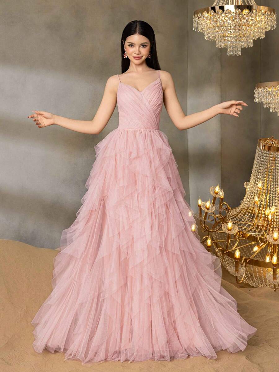 Alisa&Leo Elegant Thin-Strap Teen Formal Gown With Structured Bustier & Multi-Layer Tulle A-Line Skirt – Timeless Design For Prom, Graduation Ceremonies, Homecoming Dances, Gala Dinners, And Pageant Events - Pink - View 1