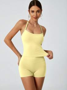 NcmRyu 露背瑜伽套装，无缝瑜伽背心和短裤，提臀健身运动服