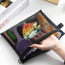 ​​MIAMI SUNSET Mesh Drawstring Bag - Vibrant Palm Beach Florida Themed Organizer For Travel & Beach Essentials | Lightweight Breathable Storage Pouch With Tropical Sunset & Palm Tree Design - Perfect For Swimwear, Sunglasses & Vacation Must-Haves - Black - View 7