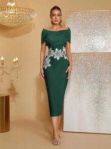 Nuevo vestido midi elegante de color verde oliva con hombros con abertura, espalda descubierta, decoración de flores de strass, ideal para boda, fiesta y festival