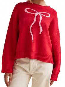 Women Knit Sweater Long Sleeve Crew Neck Bow Pullover Warm Sweater For Fall Winter - Red - View 3