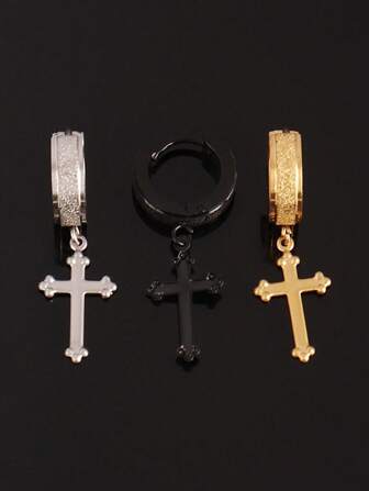 1pc Men's Fashion Cross Pendant Earrings, Punk Simple Earrings, Unisex Jewelry Accessories