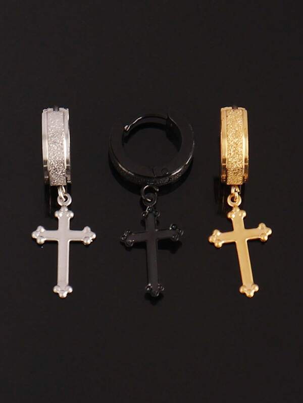 1pc Men's Fashion Cross Pendant Earrings, Punk Simple Earrings, Unisex Jewelry Accessories
