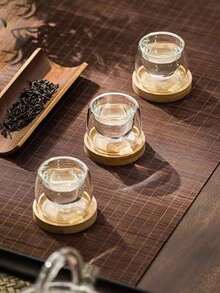 1pc/2pcs/4pcs/6pcs Handmade Double-Layer Heat-Resistant Glass Cup With Coaster Tea Set, High-Quality Insulated Tea Cup, Household Tea Brewing Cup, Gift For Relatives And Friends
