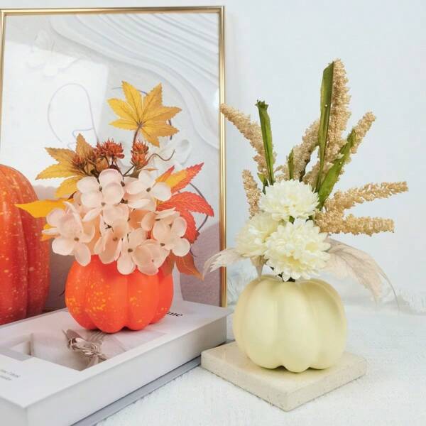1 stuk herfsttafeldecoratie, 9 inch kunstplanten zoals tarweoren, hortensia, watergrasbladeren, esdoornbladeren, pompoendecoratie, schuimpompoen, geschikt voor oogstfeesten, Thanksgiving, Halloween, thuis, kantoor, bureau, vensterbank, cadeau