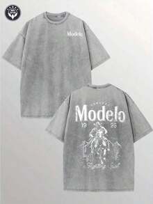 Modelo Men's Washing Cotton T-Shirt, Cotton, Casual Sports Style T Blood, Fashionable Street Style, Suitable For Travel And Sportswear, - 灰色 - 查看 1