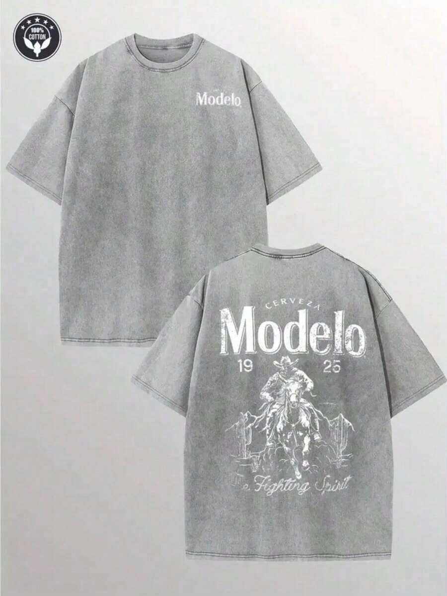 Modelo Men's Washing Cotton T-Shirt, Cotton, Casual Sports Style T Blood, Fashionable Street Style, Suitable For Travel And Sportswear, - 灰色 - 查看 1