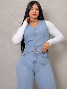 Conjunto de 2 peças Jeans Feminino para mulheres Blusa Colete com detalhes Calça Wide leg Denim Conjunto Elegante Perna Solta Cintura alta Tecido Premium