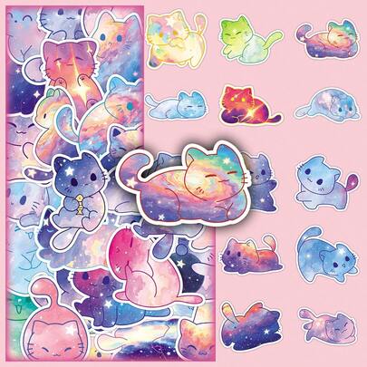 50pcs Cartoon Animal Watercolor Starry Sky Cat Stickers, Cute & Adorable Decorative Stickers For Cup, Stationery Box, Helmet