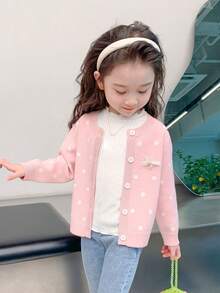 enmi bear 青少年女孩波尔卡圆点开衫毛衣,保暖内衬休闲长袖针织外套,秋冬 - 粉色 - 查看 6