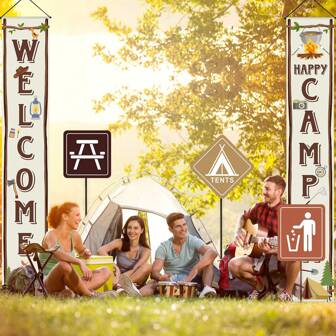 11Pcs Set Camping Themed Party Decorations Set, Outdoor Camping Paper Identification, Camping Party Banner Welcome Porch Sign,Suitable For Birthday Party Decoration, Wall Decoration, Outdoor Decoration