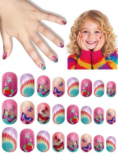  NAIO 预粘式美甲贴片，可爱儿童迷你美甲贴片，“超级棒”，多色，彩虹，蝴蝶元素，儿童尺寸，方形，包含24片假指甲，适合女孩返校美甲用品